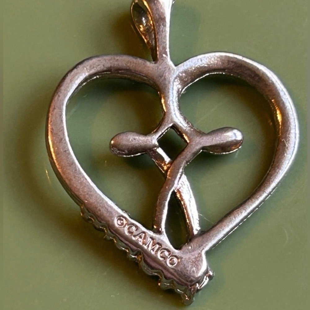April Birthstones Heart & Cross Silver Pendant Signed CAMCO Vintage Jewelry - Picture 6 of 7